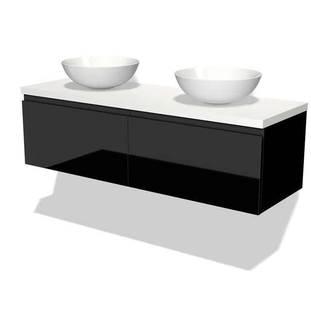 Maxaro Badkamermeubel Modulo Plato 140cm Hoogglans Zwart 2 Lades Greeploos Mat Wit Blad