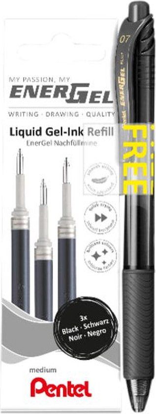 Pentel Energel Pen Refill - 0.7mm - Black - 3 Pack + Free Rollerball