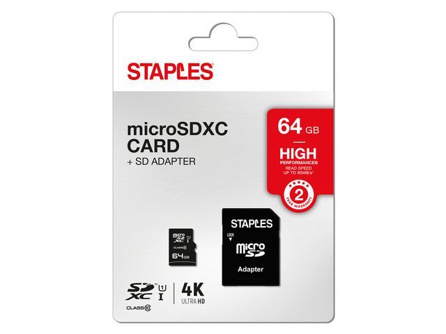 Staples Relay MicroSDHC Card with SD Adapter, 64 GB