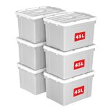 Cetomo 45L x 6 opbergdozen, draag plastic opbergdoos met deksels, organiserende container met handvat en veilige vergrendelende gespen, stapelbaar, nestbaar, draagtas voor thuiskantoor kleding, 45L