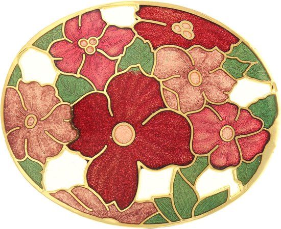 Behave® Broche ovaal bloemen rood - emaille - dames - 5.7 cm