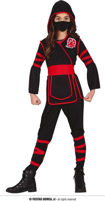 Guirca - Ninja Kind Kostuum - Rood Zwart - 7-9 jaar