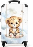 NoBoringSuitcases.com Kinderkoffer Cheeta welpje op een schommel in de wolken