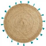 DOUCEUR D'INTERIEUR Jute vloerkleed met turquoise kwastjes, dia 120 cm