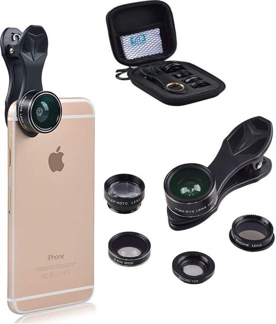 Drphone APEXEL Series 5 in 1 HD Telefoon Camera Lens Kit Fisheye Lens + 0.63x Groothoek + 15x Macro Lens + 2X Telelens + CPL Lens voor o.a iPhone /Xiaomi / Samsung/ Nokia / Huawei / OnePlus / HTC & Overig Android telefoons