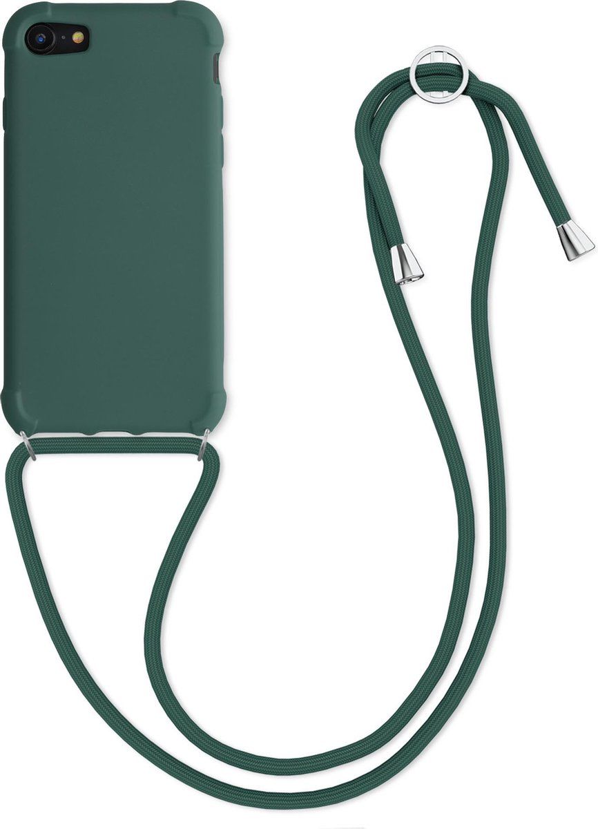 kwmobile hoesje voor Apple iPhone 7 / 8 / SE (2020) - beschermhoes van siliconen met hangkoord - donkergroen