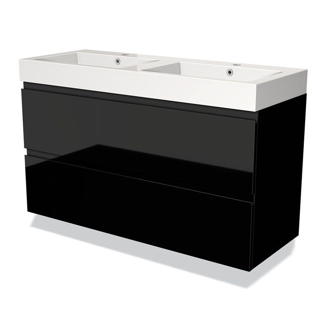 Maxaro Badkamermeubel 120cm Modulo Hoogglans Zwart 2 lades Greeploos Mineraalmarmer