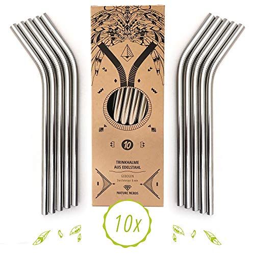 Nature Nerds - herbruikbare RVS drinkrietjes - 10 stuks + schoonmaakborsteltje - gebogen