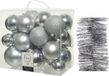 Kaemingk B.V. Décoration de Noël boules de Noël en plastique 6-8-10 cm avec guirlandes en aluminium argent de 28x pièces