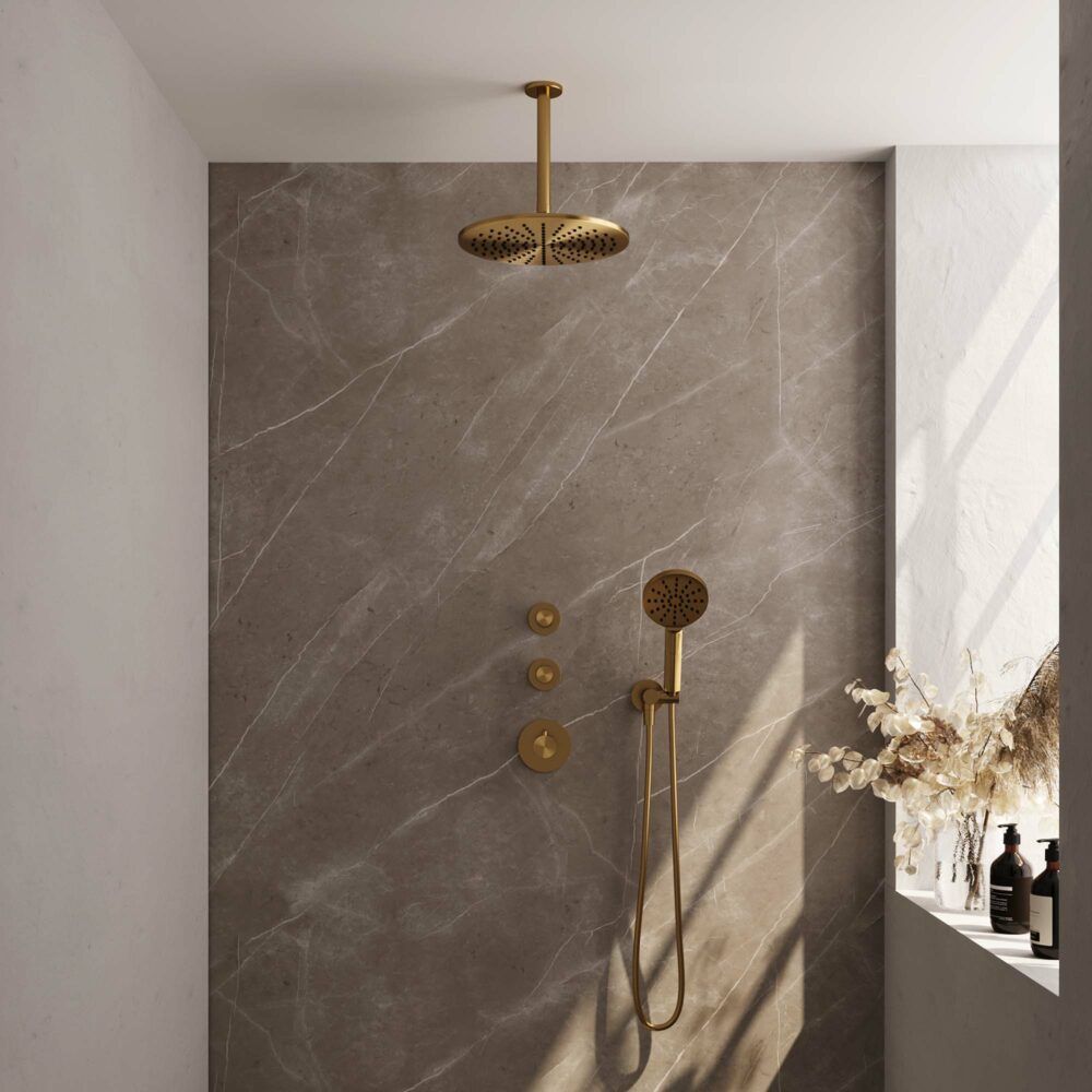 Brauer Gold Carving thermostatische inbouw regendoucheset 20cm plafondarm met 30cm ronde hoofddouche 3 standen ronde handdouche Goud geborsteld PVD 5-GG-108