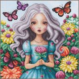 Lanarte Borduurpakket - Meisje met dahlia's en vlinders - 29 x 29cm