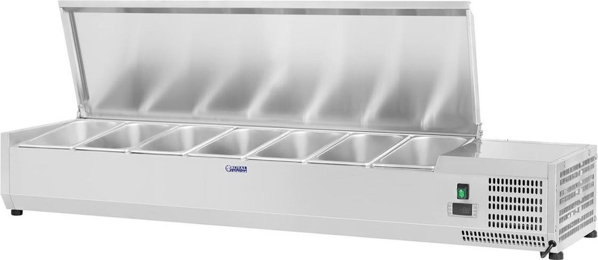 Royal Catering Opzetkoelvitrine - 150 x 33 cm - 7 GN 1/4 containers zilver