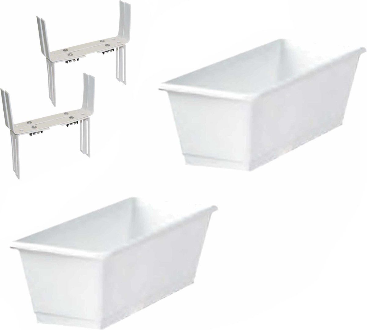 Geli Set van 3 kunststof plantenbakken wit rechthoekig 40 cm met 6 verstelbare balkon/muurbeugels