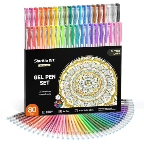 Shuttle Art Gelpen, glitter, 80 stuks glitterpennen (40 kleurpennen plus 40 navullingen) voor kleurboeken, tekeningen, ideaal voor volwassenen en kinderen