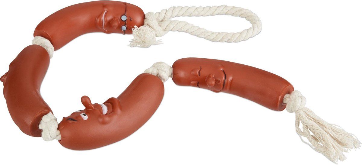 Relaxdays Hondenspeelgoed - Worstjes + Touw - Kauwspeelgoed Honden - Trekspeelgoed - Bruin/Crème