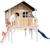 AXI Sophie Speelhuis Bruin/wit – Blauwe Glijbaan – Classic speelhuisje met verdieping en ladder – FSC hout - Speeltoestel voor kinderen