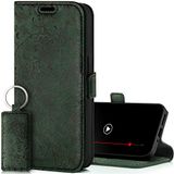 SURAZO Slanke magnetische telefoonhoes voor Samsung Galaxy M54, leren klaphoesje, echt leer, beschermhoes met kaartenvak, RFID-bescherming, bloemenpatroon, portemonneehoes (groen)