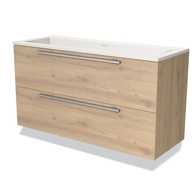 Maxaro Badkamermeubel 120cm Modulo Lichtbruin Eiken 2 Lades Vlak Wastafel Solid Surface - 6095824948991