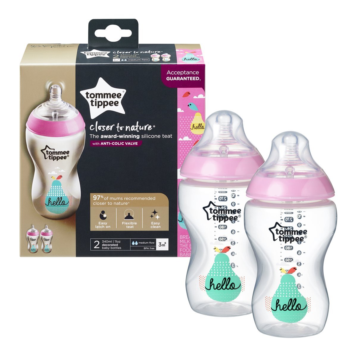 Tommee Tippee TT 2X 340ML DECORATED BOTTLE GIRL