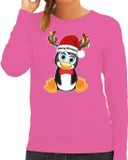 Bellatio Decorations Foute Kersttrui/sweater voor dames - Merry Christmas - roze - kerst pinguin XXL