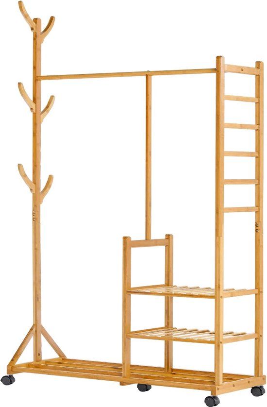 merk-loos 4-in-1 kledingrek van bamboe, met kapstok, haken en opbergplanken