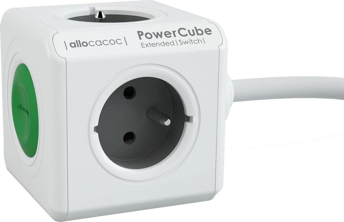 Allocacoc PowerCube Extended Switch - Verlengsnoer - 1,5 m - Groen/Grijs/Wit