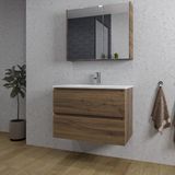 Saniclass Chaci Meuble de salle de bain - 80x46x55cm - lavabo en céramique blanc - 1 vasque - 1 trou de robinetterie - 2 tiroirs - armoire de toilette - noyer