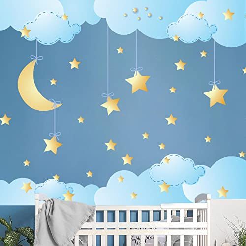 Ambiance Sticker Muurstickers kinderen - decoratie babykamer - muursticker kinderkamer - muurstickers sterren en wolken in de hemel - H60 x L90 cm