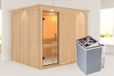 Karibu Gobin Sauna met dakrand, deur van helder glas, kachel van 9 kW met externe bediening