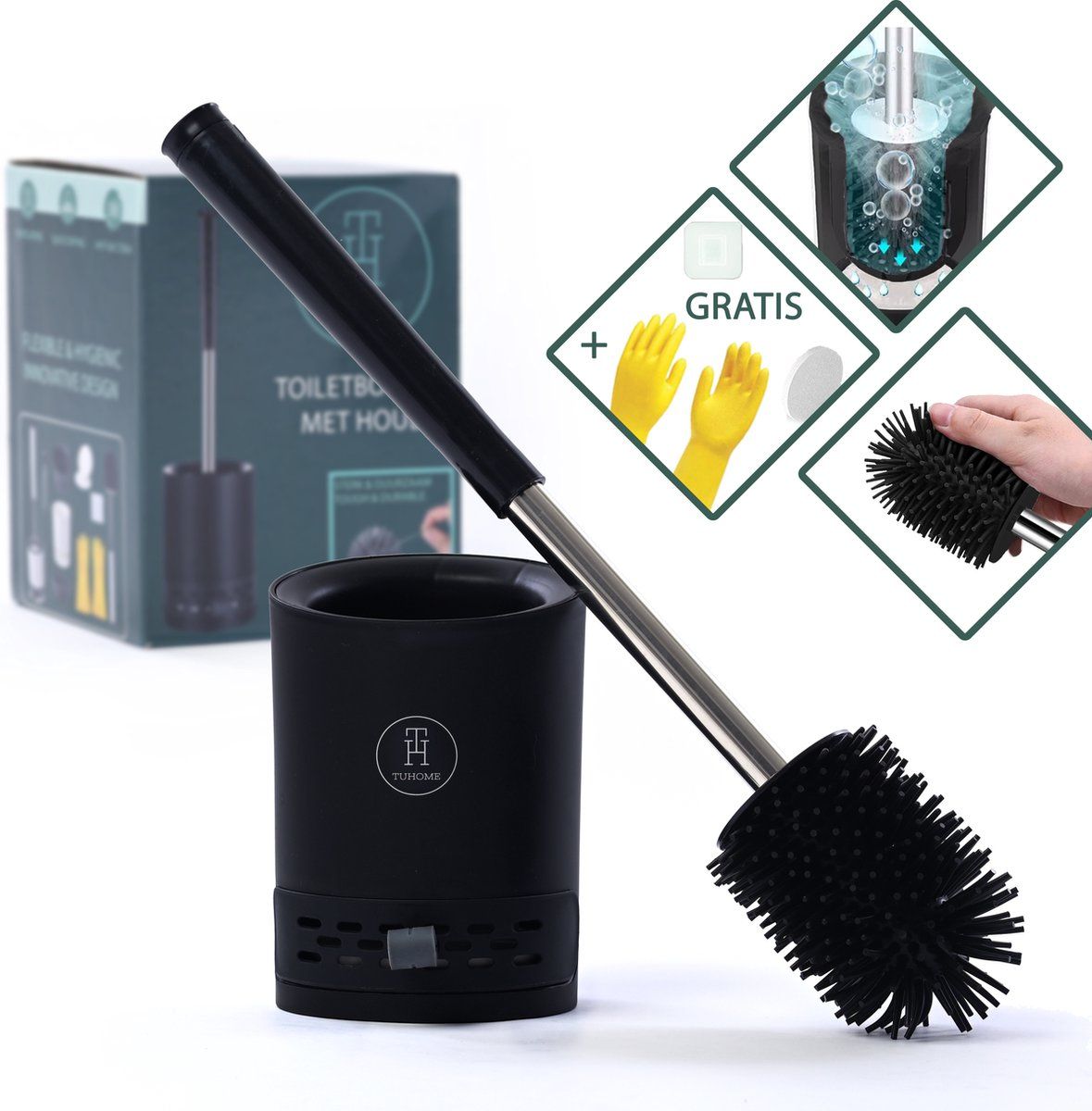 TUHome WC borstel met houder set zwart - Siliconen - Hygiënisch - incl. accessoires