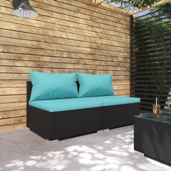 The Living Store Tuinset - Poly Rattan - Modulair Design - Hoogwaardig Materiaal - Stevig Frame - Comfortabele Kussens - Zwart - Waterblauw