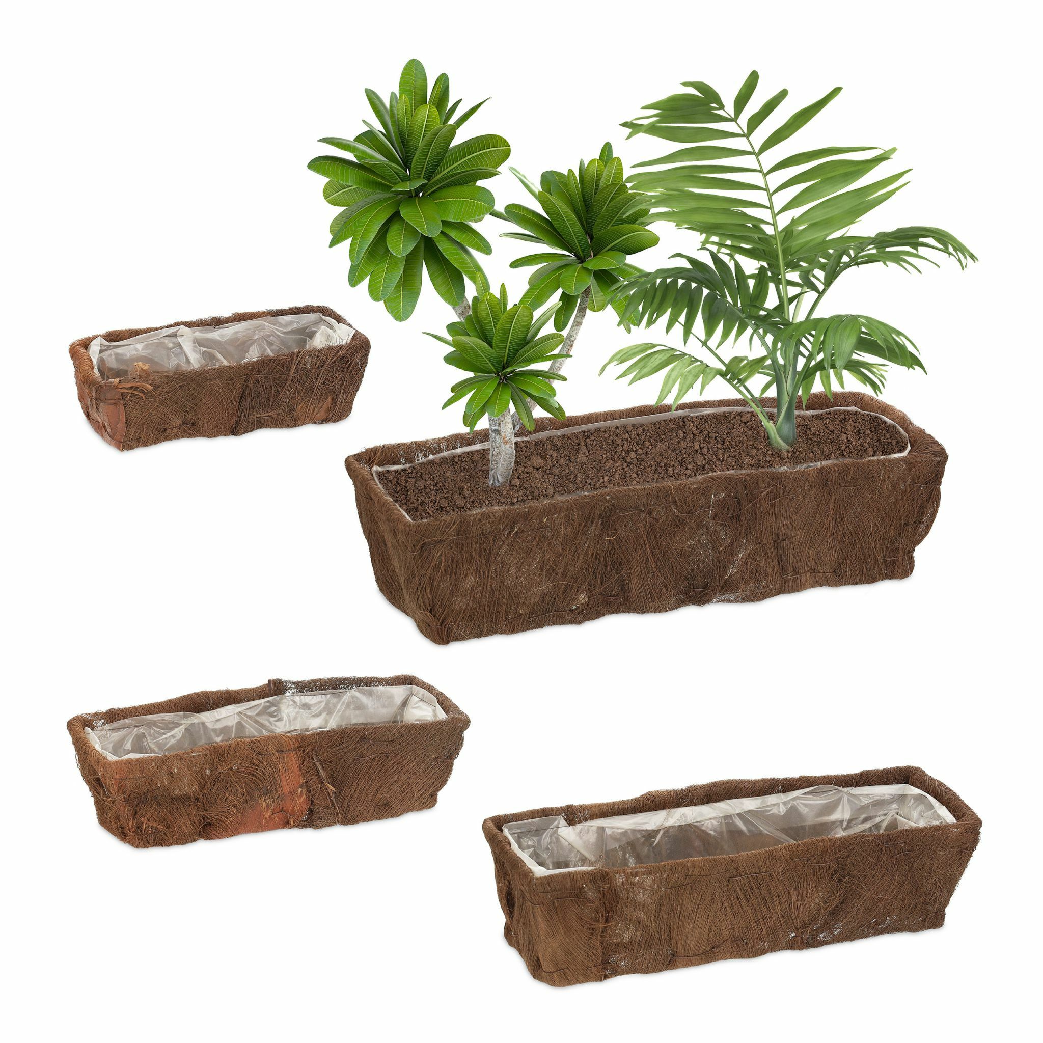 Relaxdays plantenbak set van 4 - lage bloembak vensterbank - natuurlijke balkonbak smal