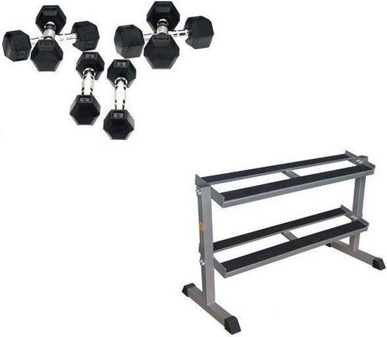 Focus Fitness Hexa Dumbbells Set 110kg + Rack - Zwart/Chroom
