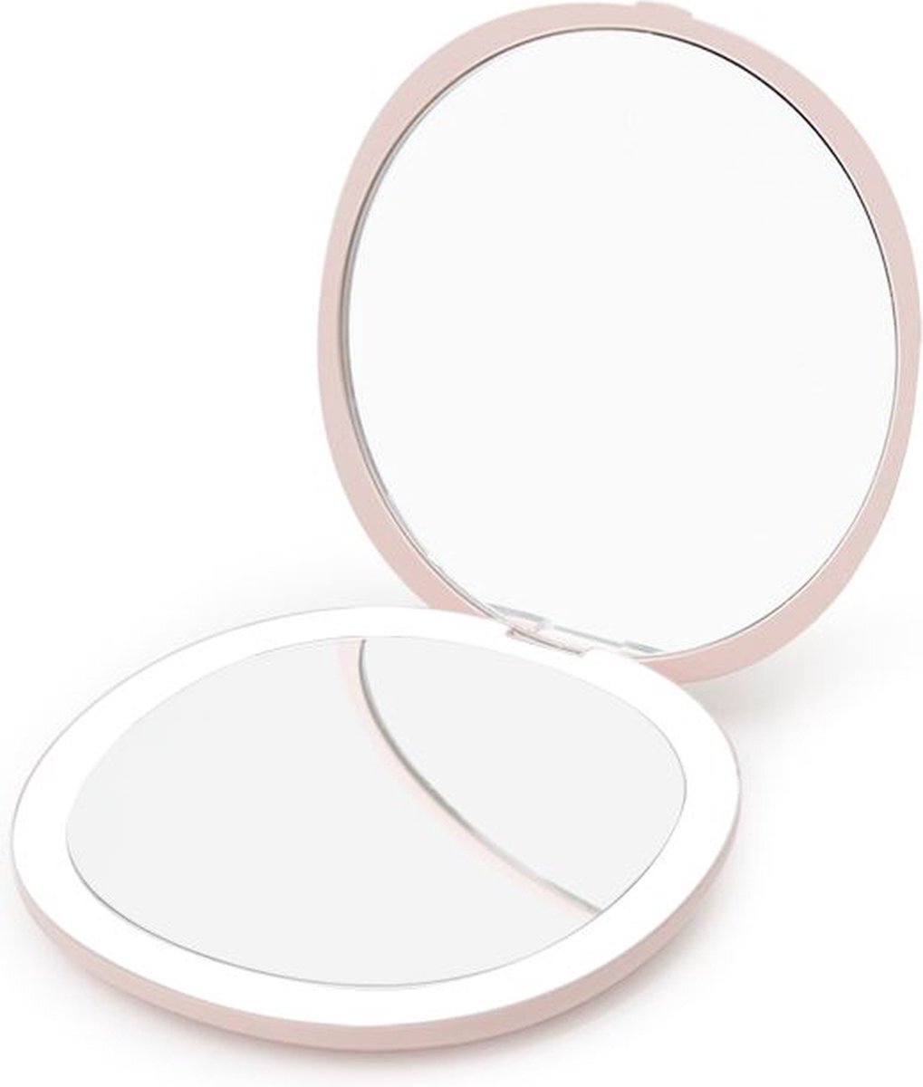 Uniq Compacte dubbelzijdige reisspiegel met LED (5x vergroting) - Make up spiegel met verlichting - Roze
