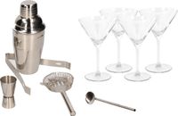 Merkloos Cocktailshaker set RVS 5-delig inclusief 4x cocktail/martini glazen 260 ml