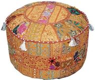 Merkloos Aakriti Gallery Indiase Poef voetenbank etnische geborduurde poef hoes, Indiase katoen ronde poef Ottomaanse poef hoes kussen etnische decor kunst - alleen hoes (18x13") (oranje)