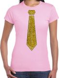 Bellatio Decorations Verkleed shirt dames - stropdas glitter goud- licht roze- carnaval- foute party XS