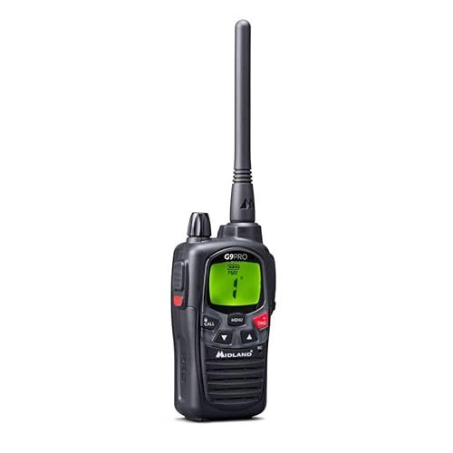 Midland G9 Pro Dual Band Walkietalkie, zender en ontvanger, 40 kanalen, PMR446 en 69 LPD-kanalen, inclusief 4 oplaadbare batterijen 1,2 V/1800 mAh AA Ni-MH, oplader, riemclip en oortelefoon