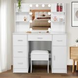 Merkloos Table de maquillage avec éclairage - Coiffeuse avec 6 tiroirs et 3 étagères - Blanc - 131 x 80 x 36 cm - Chambre à coucher - Table de maquillage à miroir coulissant