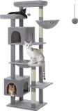 Merkloos / Sans marque Wan GmbH Kattenboomtoren met meerdere niveaus en 5 sisal-krabpalen voor binnenkatten - Grijs, activiteitencentrum voor katten met appartementen, mand, hangmat en pluche zitstokken - 175 cm