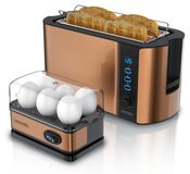 Arendo ontbijtset, 2-delig, 4-sleuf broodrooster FRUKOST 1500 W, 6 bruiningsgraden, eierkoker SIXCOOK 400 W voor 6 eieren, ontdooifunctie, keukenapparatuurset in koper