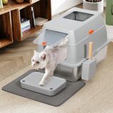 BAKAJI XXL kattenbak met basis van roestvrij staal 35 liter en transparante afsluitbare deur, zandbak, schep met houder en vuilmat 40 x 60 x 39 cm