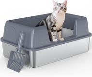 Merkloos Kattenbak van roestvrij staal met zijkant-instap, 58 x 38 x 25,4 cm, grijs