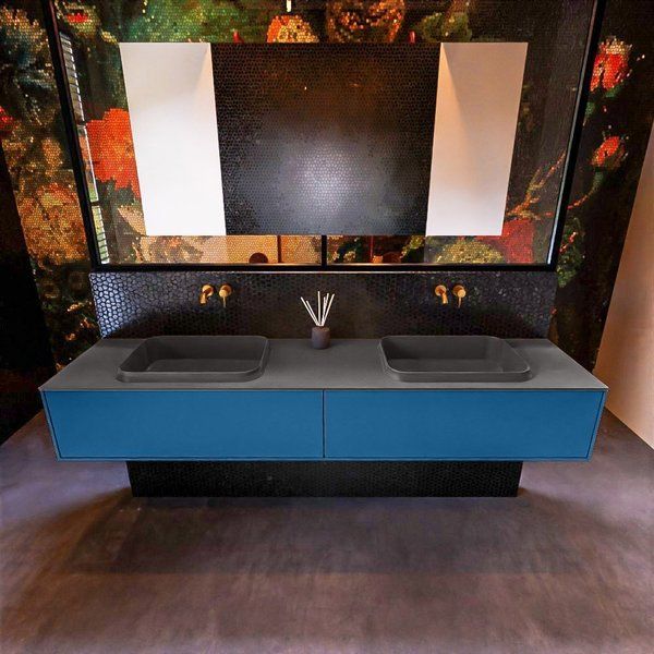 Mondiaz ERIN 200cm badmeubelset onderkast Jeans met 2 lades + Wastafel RIDGE dubbel Dark grey