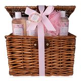 Accentra SECRET GARDEN geschenkset in een rieten picknickmand, inclusief douchegel, badschuim, badzout, zeep en netspons, wellnessverzorgingsset voor vrouwen voor verjaardagen of Valentijnsdag