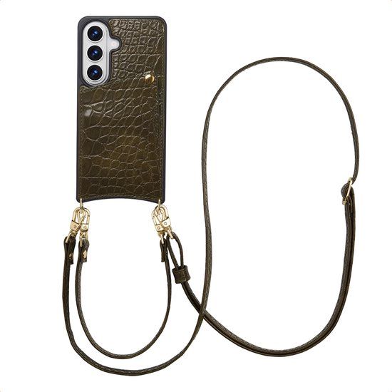 Selencia Samsung Galaxy S26 Croco Backcover met koord en pashouder - Dark Olive
