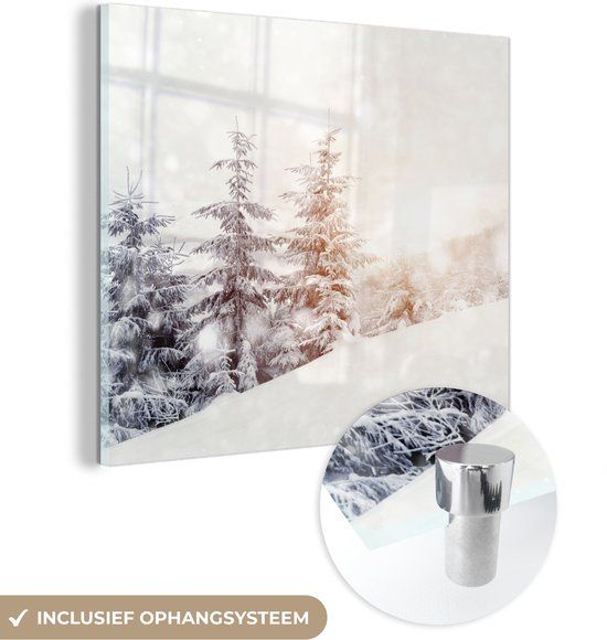 MuchoWow® Glass Painting 90x90 cm - Acrylic Glass Painting - Tree - Snow - Winter - Photo on Glass - Paintings
