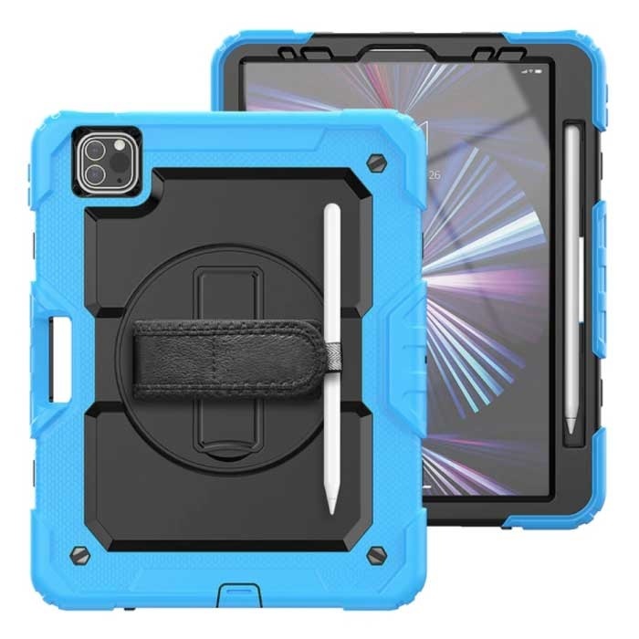 R-JUST Armor Hoesje voor iPad 9 7 met Kickstand / Polsband / Pennenhouder - Heavy Duty Cover Case Blauw