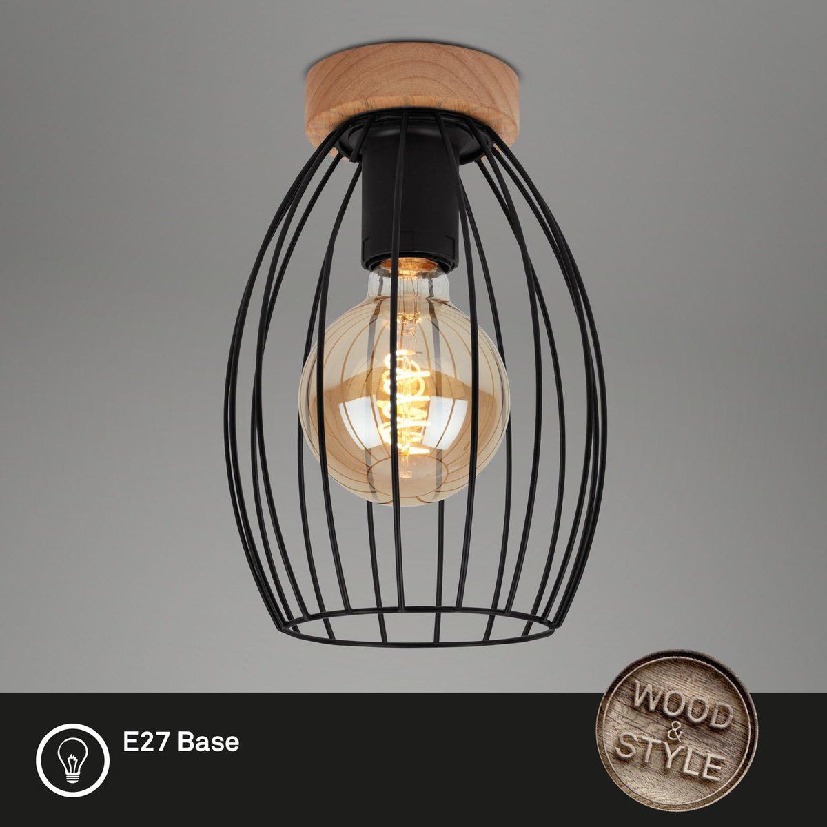 Briloner Leuchten WAKTU Vintage Plafondlamp - Zwart - 1xE27 - Max. 60W - Hout