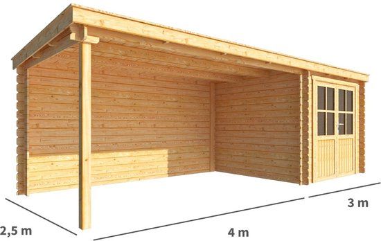 Merkloos Blokhut met overkapping Els 700 cm bij 250 cm diep Lessenaarsdak bruin